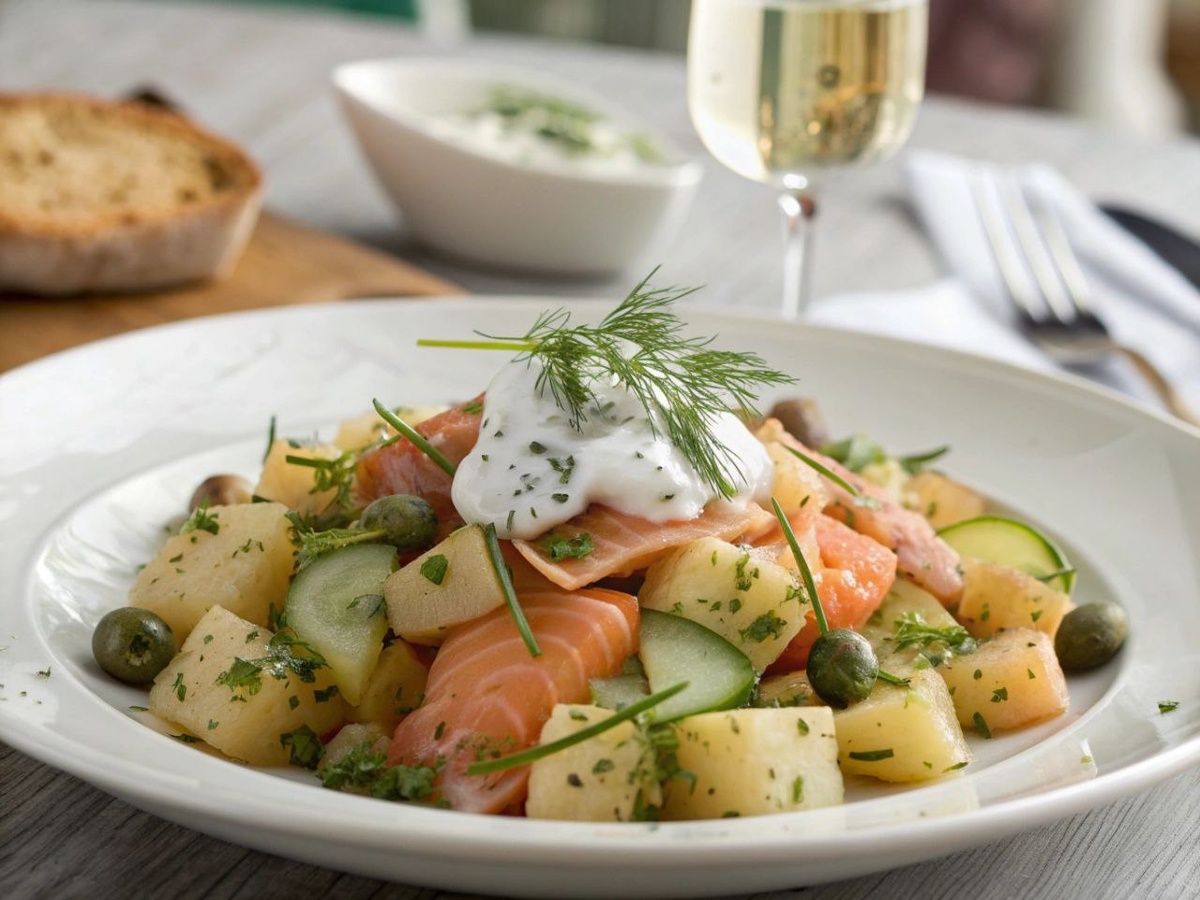 Освежающий картофельно-лососевый салат с йогуртовым акцентом