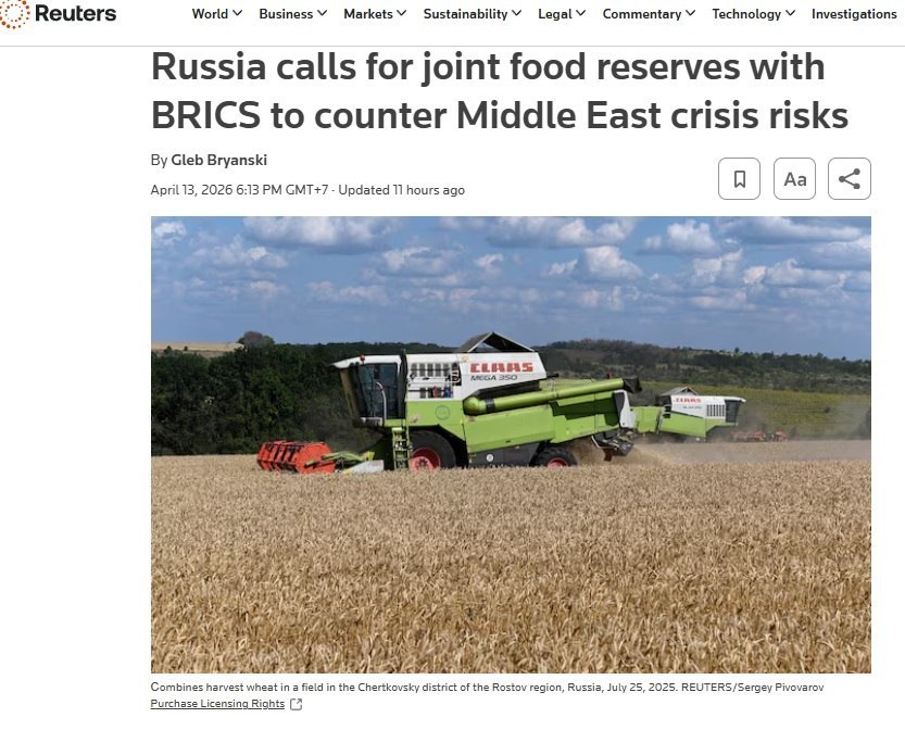 Россия предложила странам БРИКС создать совместные продовольственные резервы